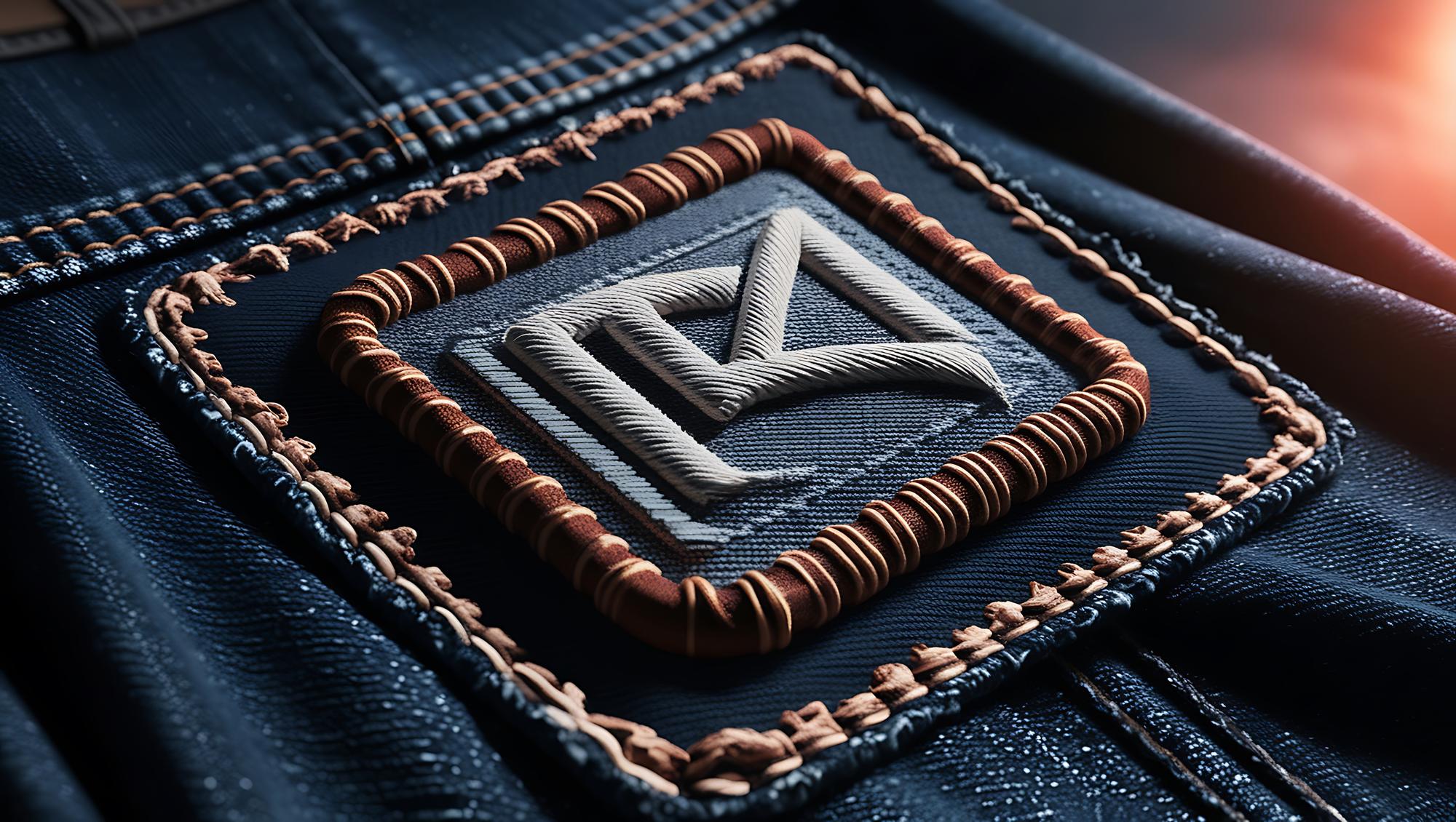 Close-up of satin stitch initials on denim
